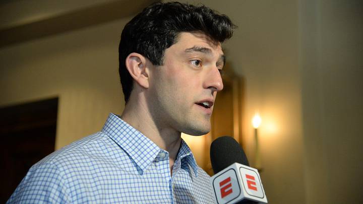 Nov 13, 2019; Scottsdale, AZ, USA; Boston Red Sox chief baseball officer Chaim Bloom speaks with members of the media during general managers meetings at the Omni Scottsdale Resort & Spa at Montelucia Mandatory Credit: Joe Camporeale-Imagn Images