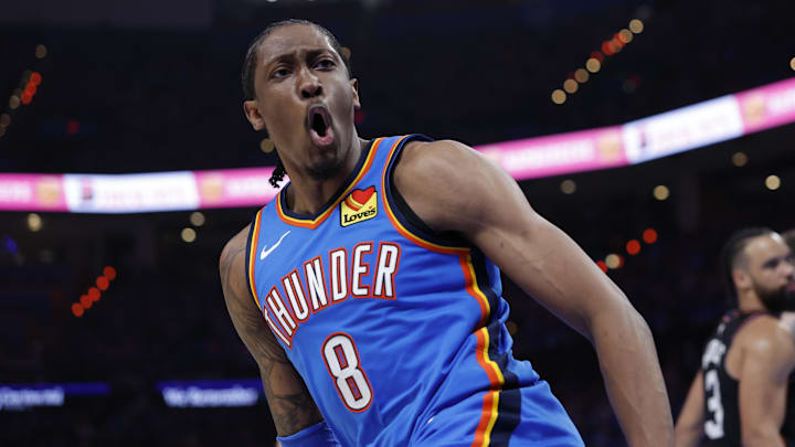 Apr 19, 2026; Oklahoma City, Oklahoma, USA; Oklahoma City Thunder guard Jalen Williams (8) celebrates after scoring against the Phoenix Suns in the second half during game one of the first round of the 2026 NBA Playoffs at Paycom Center.
