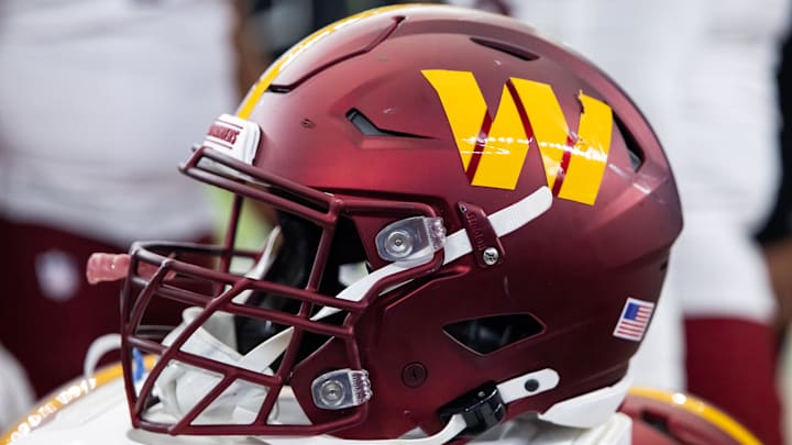 Sep 29, 2024; Glendale, Arizona, USA; Detailed view of a Washington Commanders helmet at State Farm Stadium. Mandatory Credit: Mark J. Rebilas-Imagn Images