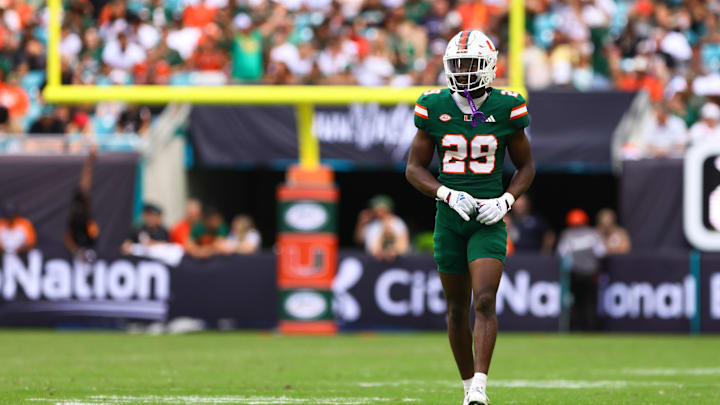 Nov 2, 2024; Miami Gardens, Florida, USA; Miami Hurricanes defensive back OJ Frederique Jr. (29) plays his position against the Duke Blue Devils during the fourth quarter at Hard Rock Stadium. Mandatory Credit: Sam Navarro-Imagn Images Nov 2, 2024; Miami Gardens, Florida, USA; Miami Hurricanes defensive back OJ Frederique Jr. (29) plays his position against the Duke Blue Devils during the fourth quarter at Hard Rock Stadium. Mandatory Credit: Sam Navarro-Imagn Images