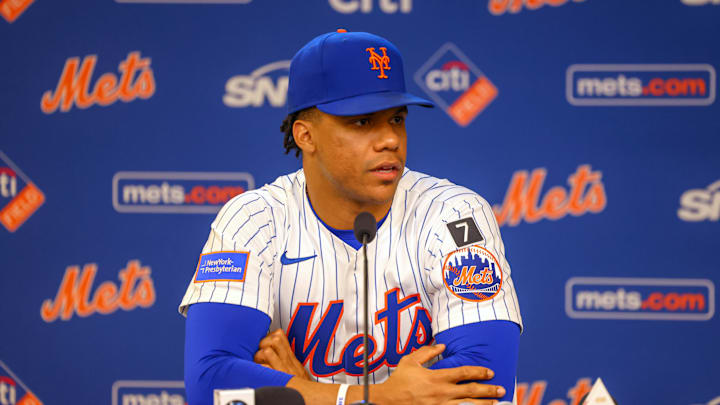 Juan Soto speaks to the media during a press conference on August 28, 2025.