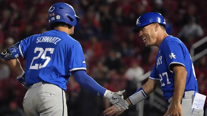 Kentucky’s Ryan Schwartz celebrates hitting a home run with manager Nick Mingione against Louisville at Jim Patterson Stadium in the 119th Battle of the Bluegrass.
April 21, 2026 Kentucky’s Ryan Schwartz celebrates hitting a home run with manager Nick Mingione against Louisville at Jim Patterson Stadium in the 119th Battle of the Bluegrass.
April 21, 2026