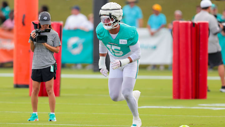 Miami Dolphins linebacker Jaelan Phillips (15) works during training camp at Baptist Health Training Complex. Miami Dolphins linebacker Jaelan Phillips (15) works during training camp at Baptist Health Training Complex.