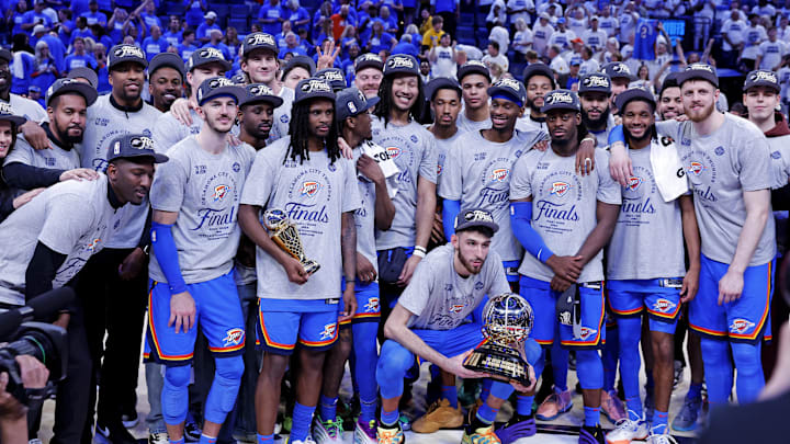May 28, 2025; Oklahoma City, Oklahoma, USA; The Oklahoma City Thunder celebrates after beating the Minnesota Timberwolves in game five to win the western conference finals for the 2025 NBA Playoffs at Paycom Center. Mandatory Credit: Alonzo Adams-Imagn Images