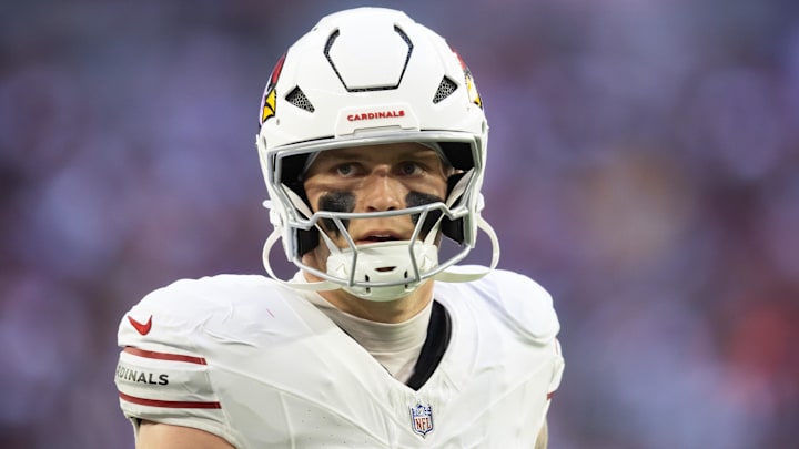 Dec 15, 2024; Glendale, Arizona, USA; Arizona Cardinals tight end Trey McBride (85) against the New England Patriots at State Farm Stadium. Mandatory Credit: Mark J. Rebilas-Imagn Images
