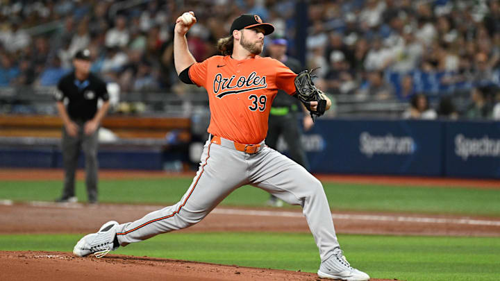 Aug 10, 2024; St. Petersburg, Florida, USA; Baltimore Orioles starting pitcher Corbin Burnes (39) throws a pitch in the first inning against the Tampa Bay Rays at Tropicana Field. Aug 10, 2024; St. Petersburg, Florida, USA; Baltimore Orioles starting pitcher Corbin Burnes (39) throws a pitch in the first inning against the Tampa Bay Rays at Tropicana Field.