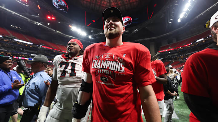 Dec 6, 2025; Atlanta, GA, USA; Georgia Bulldogs offensive lineman Monroe Freeling (57) celebrates after the game against the Alabama Crimson Tide during the 2025 SEC Championship game at Mercedes-Benz Stadium. Mandatory Credit: Brett Davis-Imagn Images