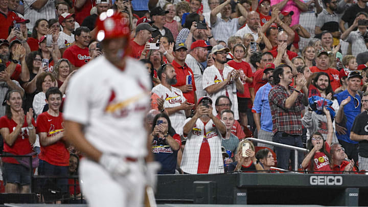 Sep 29, 2023; St. Louis, Missouri, USA;  St. Louis Cardinals pinch hitter Adam Wainwright (50) receives a standing ovation from the fans before he bats against the Cincinnati Reds during the sixth inning at Busch Stadium. Mandatory Credit: Jeff Curry-Imagn Images