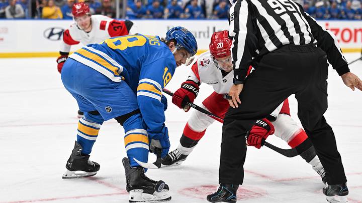 Oct 24, 2026; St. Louis, Missouri, USA;  St. Louis Blues center Robert Thomas (18) faces off against Carolina Hurricanes center Sebastian Aho (20) in the first period at Enterprise Center.  Mandatory Credit: Joe Puetz-Imagn Images