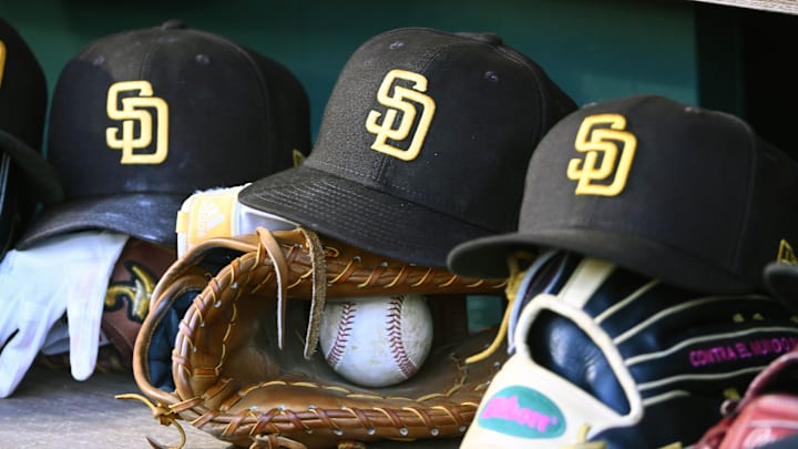 May 24, 2023; Washington, District of Columbia, USA; San Diego Padres hats in the dugout during the game against the Washington Nationals at Nationals Park. Mandatory Credit: Brad Mills-Imagn Images May 24, 2023; Washington, District of Columbia, USA; San Diego Padres hats in the dugout during the game against the Washington Nationals at Nationals Park. Mandatory Credit: Brad Mills-Imagn Images