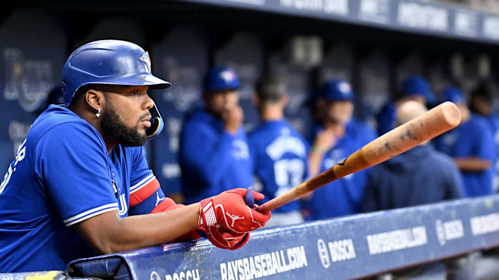 Sep 20, 2024; St. Petersburg, Florida, USA; Toronto Blue Jays first baseman Vladimir Guerrero Jr. (27) prepares for the start of the game against the Tampa Bay Rays at Tropicana Field. Mandatory Credit: Jonathan Dyer-Imagn Images
