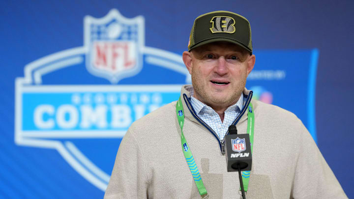 Feb 24, 2026; Indianapolis, IN, USA; Cincinnati Bengals general manager Duke Tobin speaks at the NFL Scouting Combine at the Indiana Convention Center. Mandatory Credit: Kirby Lee-Imagn Images