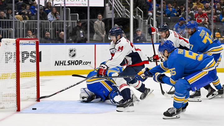 Nov 9, 2024; St. Louis, Missouri, USA;  Washington Capitals center Connor McMichael (24) shoots and scores against St. Louis Blues goaltender Jordan Binnington (50) during the third period at Enterprise Center. Mandatory Credit: Jeff Curry-Imagn Images