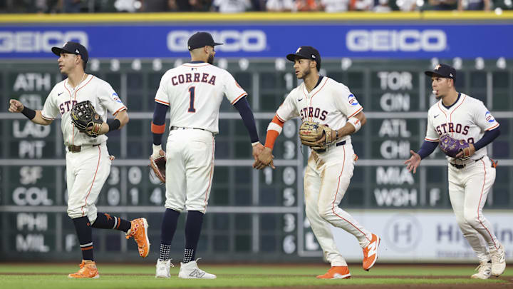 Sep 3, 2025; Houston, Texas, USA; Houston Astros players including third baseman Carlos Correa (1) and shortstop Jeremy Pena (3) celebrate after the game against the New York Yankees at Daikin Park. Sep 3, 2025; Houston, Texas, USA; Houston Astros players including third baseman Carlos Correa (1) and shortstop Jeremy Pena (3) celebrate after the game against the New York Yankees at Daikin Park.