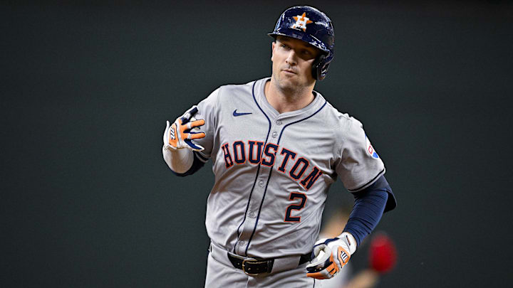 Aug 5, 2024; Arlington, Texas, USA; Houston Astros third baseman Alex Bregman (2) rounds the bases after he hits a solo home run against the Texas Rangers during the third inning at Globe Life Field Aug 5, 2024; Arlington, Texas, USA; Houston Astros third baseman Alex Bregman (2) rounds the bases after he hits a solo home run against the Texas Rangers during the third inning at Globe Life Field