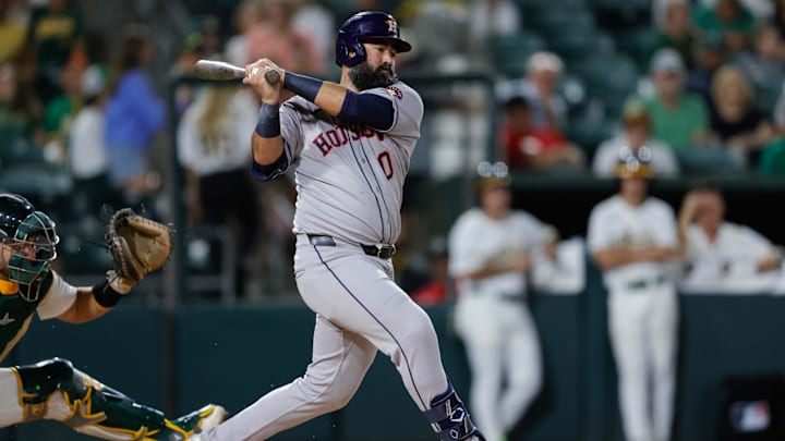 Jun 17, 2025; West Sacramento, California, USA; Houston Astros second base Luis Guillorme (0) bats during the game against the Athletics at Sutter Health Park.