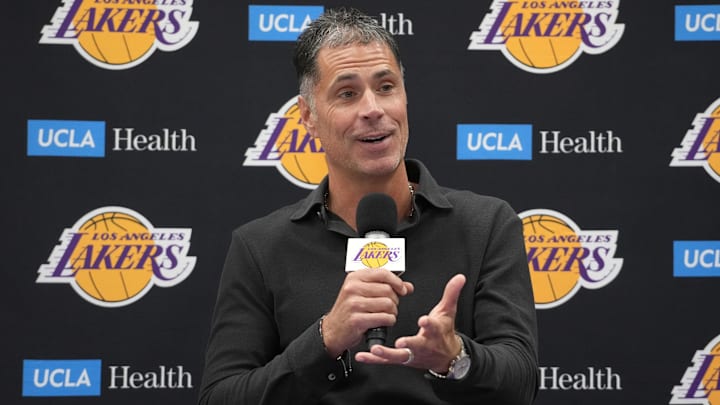 Sep 25, 2024; El Segundo, CA, USA; Los Angeles Lakers general manager Rob Pelinka at press conference at UCLA Health Training Center. Mandatory Credit: Kirby Lee-Imagn Images
