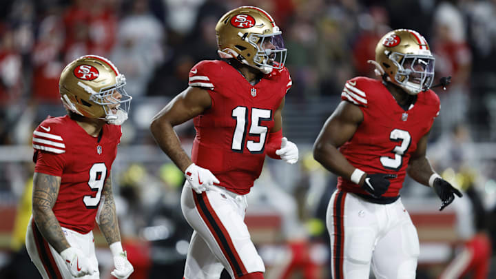 Dec 28, 2025; Santa Clara, California, USA; San Francisco 49ers wide receiver Jauan Jennings (15) celebrate after scoring a touchdown against the Chicago Bears in the second half at Levi's Stadium. Mandatory Credit: Sergio Estrada-Imagn Images