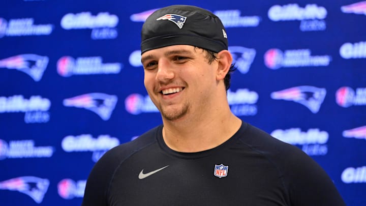 May 9, 2025; Foxborough, MA, USA; New England Patriots offensive tackle Will Campbell (66) speaks to the media after rookie camp at Gillette Stadium. Mandatory Credit: Eric Canha-Imagn Images