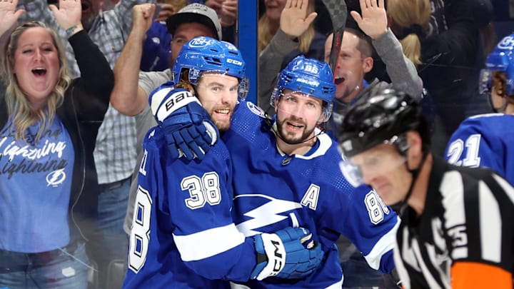 Mar 18, 2023; Tampa, Florida, USA; Tampa Bay Lightning left wing Brandon Hagel (38) celebrates with right wing Nikita Kucherov (86) after he scored a goal against the Montreal Canadiens during the third period at Amalie Arena. Mandatory Credit: Kim Klement-Imagn Images Mar 18, 2023; Tampa, Florida, USA; Tampa Bay Lightning left wing Brandon Hagel (38) celebrates with right wing Nikita Kucherov (86) after he scored a goal against the Montreal Canadiens during the third period at Amalie Arena. Mandatory Credit: Kim Klement-Imagn Images
