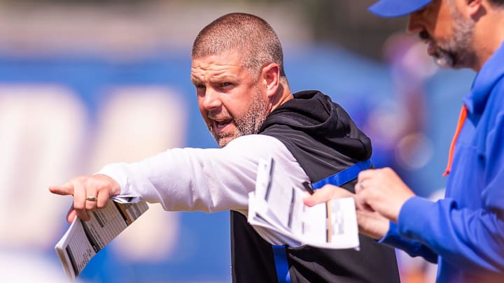 Florida Gators head coach Billy Napier coaches during Fall practice at Sanders Practice Fields in Gainesville, FL on Thursday, August 8, 2024. [Doug Engle/Gainesville Sun]