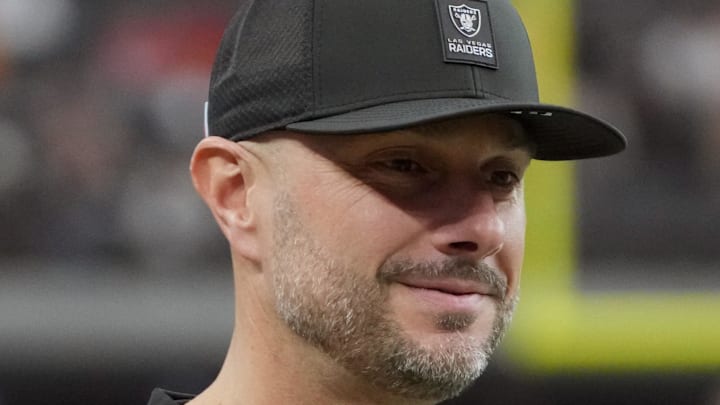 Jan 4, 2026; Paradise, Nevada, USA; Las Vegas Raiders general manager John Spytek reacts during the game against the Kansas City Chiefs at Allegiant Stadium. Mandatory Credit: Kirby Lee-Imagn Images