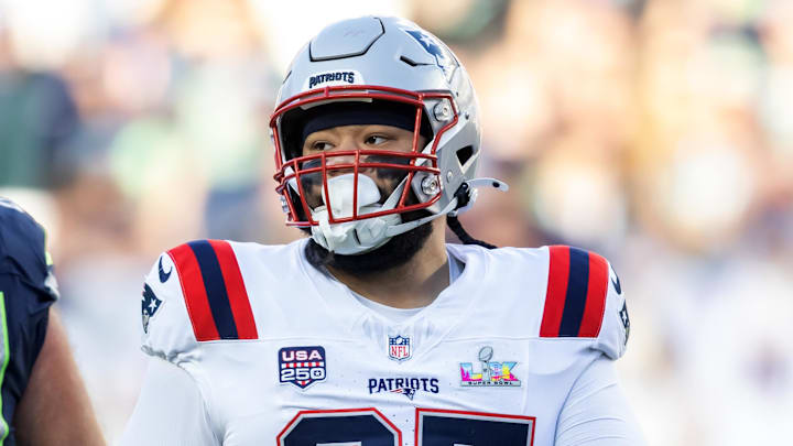 Feb 8, 2026; Santa Clara, CA, USA; New England Patriots defensive tackle Khyiris Tonga (95) against the Seattle Seahawks during Super Bowl LX at Levi's Stadium. Mandatory Credit: Mark J. Rebilas-Imagn Images