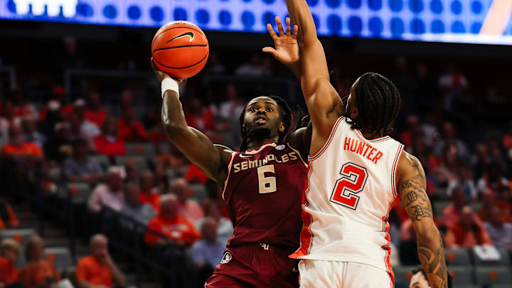 Florida State Seminoles guard Robert McCray V shoots against Clemson Tigers guard Dillon Hunter | February, 21, 2026