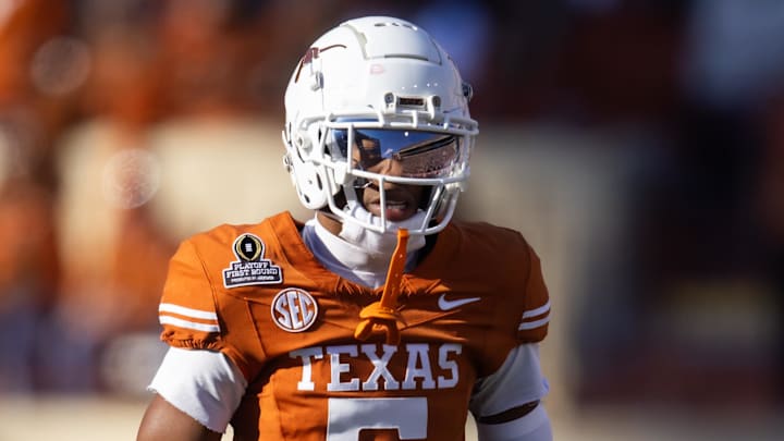 Dec 21, 2024; Austin, Texas, USA; Texas Longhorns defensive back Malik Muhammad (5) against the Clemson Tigers during the CFP National playoff first round at Darrell K Royal-Texas Memorial Stadium. Mandatory Credit: Mark J. Rebilas-Imagn Images
