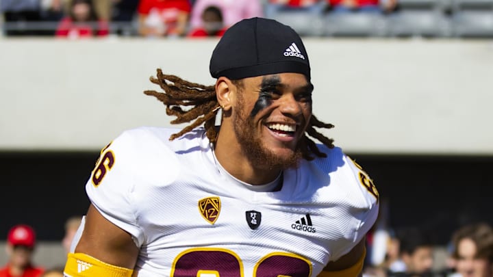Nov 25, 2022; Tucson, Arizona, USA; Arizona State Sun Devils linebacker James Djonkam (66) reacts against the Arizona Wildcats during the Territorial Cup at Arizona Stadium. Mandatory Credit: Mark J. Rebilas-Imagn Images