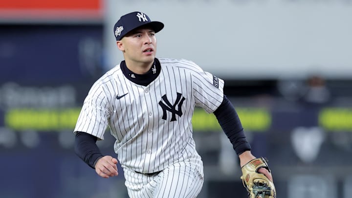 Oct 8, 2025; Bronx, New York, USA; New York Yankees shortstop Anthony Volpe (11) during the third inning of game four of the ALDS round of the 2025 MLB playoffs against the Toronto Blue Jays at Yankee Stadium. Mandatory Credit: Brad Penner-Imagn Images Oct 8, 2025; Bronx, New York, USA; New York Yankees shortstop Anthony Volpe (11) during the third inning of game four of the ALDS round of the 2025 MLB playoffs against the Toronto Blue Jays at Yankee Stadium. Mandatory Credit: Brad Penner-Imagn Images