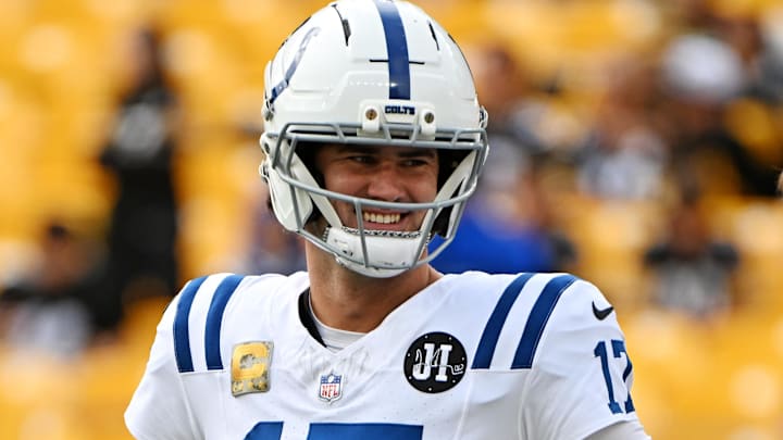 Nov 2, 2025; Pittsburgh, Pennsylvania, USA; Indianapolis Colts quarterback Daniel Jones (17) warms up before the game against the Pittsburgh Steelers at Acrisure Stadium. Mandatory Credit: Barry Reeger-Imagn Images