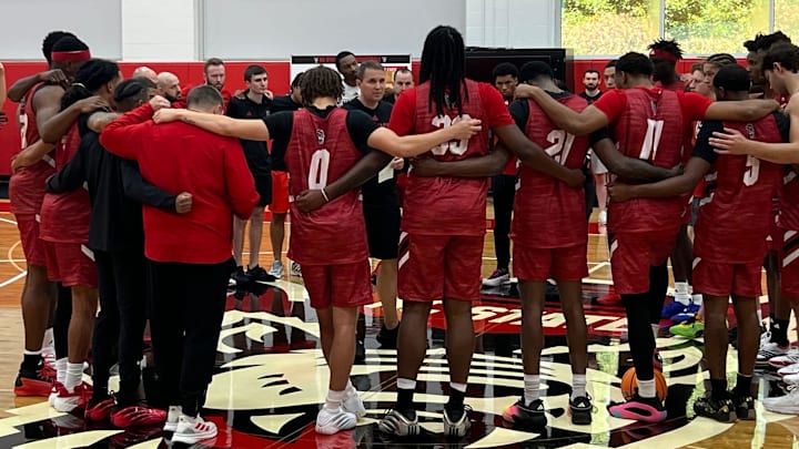 Will Wade and the N.C. State men's basketball team on Monday, Sept. 22, 2025, during the first official day of practice inside the Dail Basketball Center.