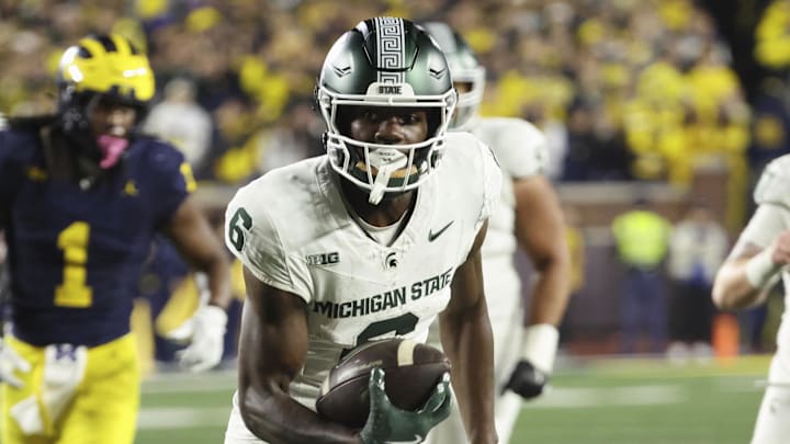 Oct 26, 2024; Ann Arbor, Michigan, USA;  Michigan State Spartans wide receiver Nick Marsh (6) runs the ball against the Michigan Wolverines at Michigan Stadium. Mandatory Credit: Rick Osentoski-Imagn Images