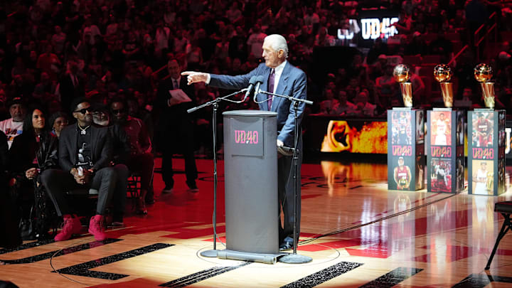 Jan 19, 2024; Miami, Florida, USA; Miami Heat president Pat Riley speaks during the jersey retirement ceremony for former player Udonis Haslem during halftime of the game between the Miami Heat and the Atlanta Hawks Kaseya Center. Mandatory Credit: Jasen Vinlove-Imagn Images