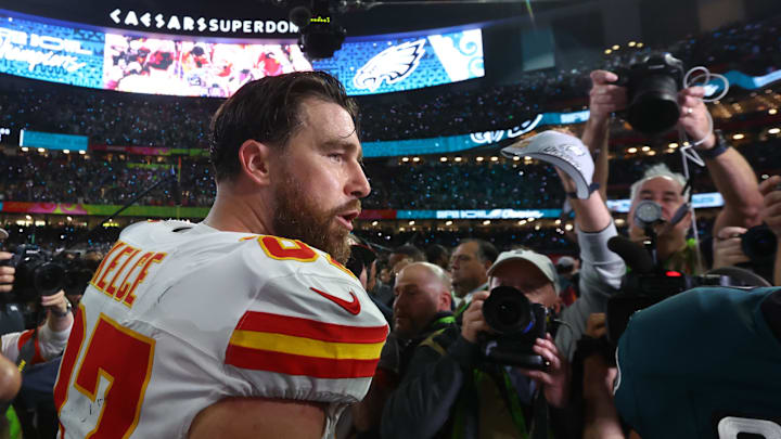 Feb 9, 2025; New Orleans, LA, USA; Kansas City Chiefs tight end Travis Kelce (87) reacts on the field after losing to the Philadelphia Eagles in Super Bowl LIX at Ceasars Superdome. Mandatory Credit: Mark J. Rebilas-Imagn Images