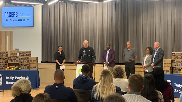 Indiana Pacers head coach Rick Carlisle discusses new updates to his Drive & Dish initiative. (Mandatory Photo Credit: Tony East)