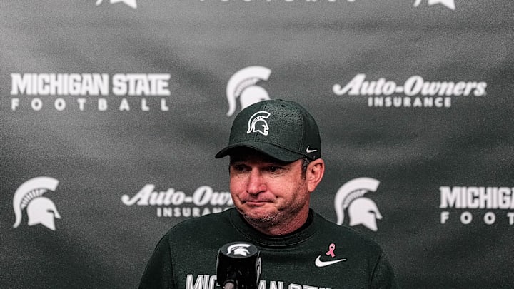 Michigan State head coach Jonathan Smith speaks at the post game press conference after 31-20 loss to Michigan at Spartan Stadium in East Lansing on Saturday, October 25, 2025. Michigan State head coach Jonathan Smith speaks at the post game press conference after 31-20 loss to Michigan at Spartan Stadium in East Lansing on Saturday, October 25, 2025.