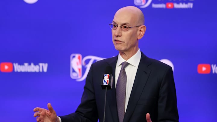 Jun 6, 2024; Boston, Massachusetts, USA; NBA commissioner Adam Silver speaks before game one of the 2024 NBA Finals between the Boston Celtics and the Dallas Mavericks at TD Garden. Mandatory Credit: Peter Casey-Imagn Images