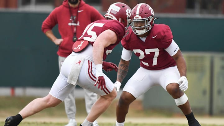 Mar 21, 2024; Tuscaloosa, Alabama, USA; Defensive backs Caleb McDougle (45) and Tony Mitchell (27) work against each other during practice at the University Alabama Thursday.