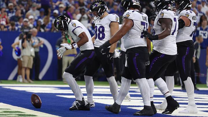 Sep 13, 2026; Indianapolis, Indiana, USA;  Baltimore Ravens wide receiver Ja'Kobi Lane (6) celebrates with his teammates after he scores a touchdown against the Indianapolis Colts at Lucas Oil Stadium.  Mandatory Credit: Trevor Ruszkowski-Imagn Images