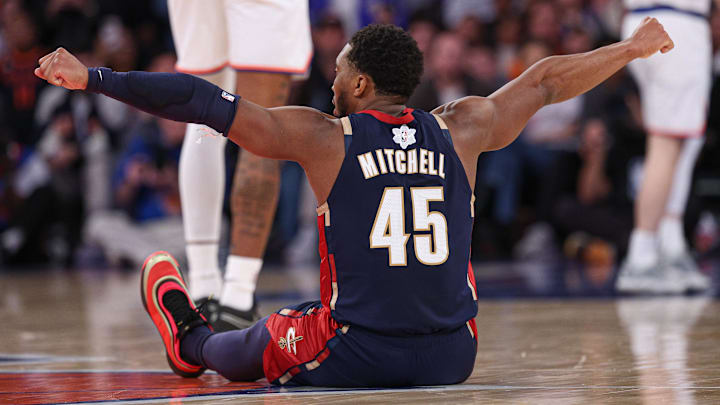 Dec 25, 2025; New York, New York, USA; Cleveland Cavaliers guard Donovan Mitchell (45) reacts after being fouled during the second half against the New York Knicks at Madison Square Garden. Mandatory Credit: Vincent Carchietta-Imagn Images