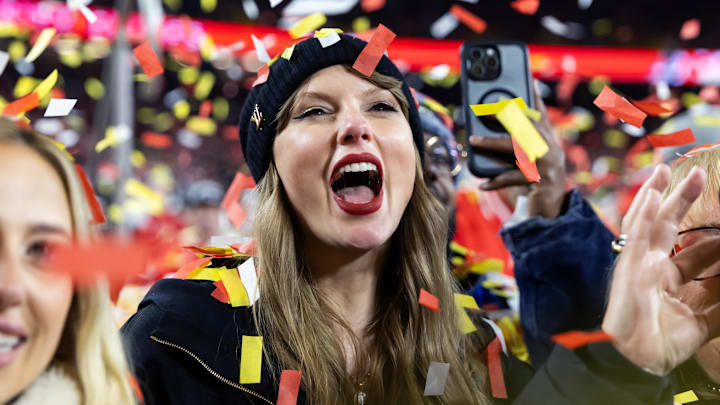 Taylor Swift celebrates after the Kansas City Chiefs beat the Buffalo Bills in the AFC Championship game.