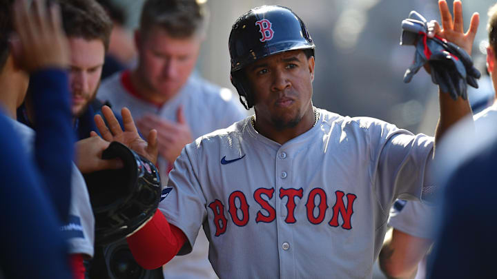 Apr 7, 2024; Anaheim, California, USA; Boston Red Sox outfielder Ceddanne Rafaela (43) is greeted