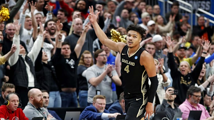 Mar 23, 2024; Pittsburgh, PA, USA; Oakland Golden Grizzlies forward Trey Townsend (4) celebrates
