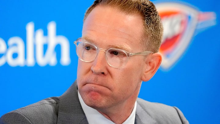 Thunder general manager Sam Presti speaks during an introductory press conference for the 2024 Thunder draft picks at Oklahoma Contemporary Arts Center in Oklahoma City, Saturday, June, 29, 2024.