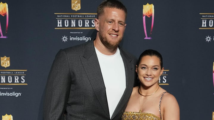 Feb 10, 2022; Los Angeles, CA, USA; J.J. Watt (left) with his wife Kealia Ohai appear on the red carpet prior to the NFL Honors awards presentation at YouTube Theater. Feb 10, 2022; Los Angeles, CA, USA; J.J. Watt (left) with his wife Kealia Ohai appear on the red carpet prior to the NFL Honors awards presentation at YouTube Theater.