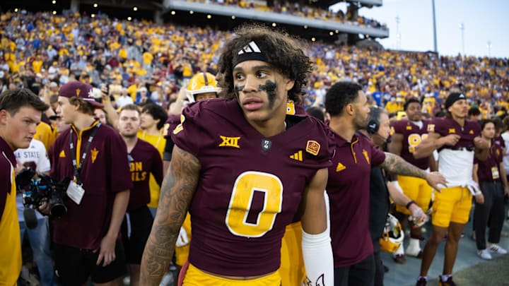 Nov 23, 2024; Tempe, Arizona, USA; Arizona State Sun Devils wide receiver Jordyn Tyson (0) against the Brigham Young Cougars at Mountain America Stadium. Mandatory Credit: Mark J. Rebilas-Imagn Images
