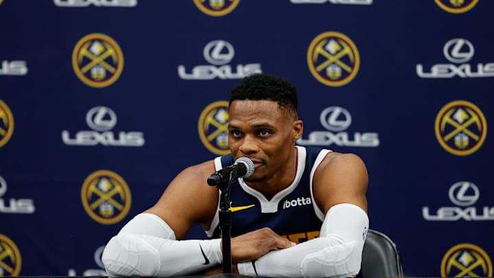 Sep 26, 2024; Denver, Co, USA; Denver Nuggets guard Russell Westbrook (4) during Denver Nuggets Media Day. Mandatory Credit: Isaiah J. Downing-Imagn Images