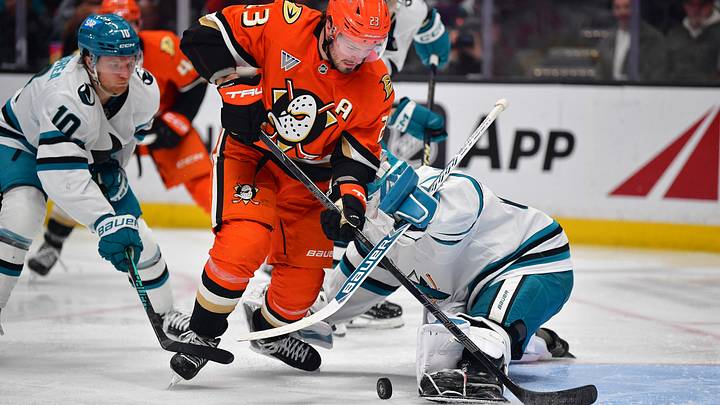 Dec 29, 2025; Anaheim, California, USA; San Jose Sharks goaltender Yaroslav Askarov (30) defends the goal against Anaheim Ducks center Mason McTavish (23) during the second period at Honda Center. Mandatory Credit: Gary A. Vasquez-Imagn Images